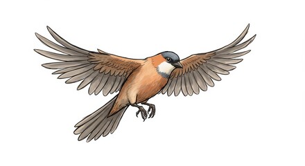 Obraz premium Hand Drawn Bird in Flight Illustration - A detailed hand-drawn illustration of a bird in flight, symbolizing freedom, nature, speed, grace, and wildlife