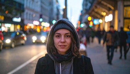Fototapeta premium Woman in a hoodie stands on a busy city street with blurred lights