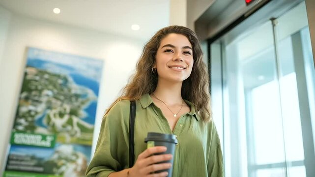 Employee walking past motivational poster in bright office hallway