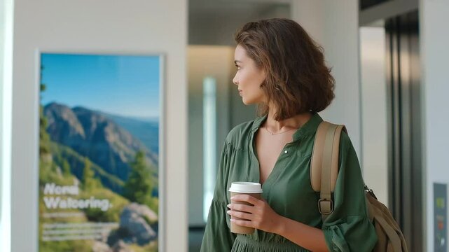 Employee walking past motivational poster in modern office hallway