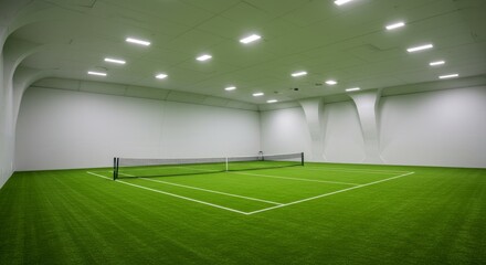 Obraz premium Indoor Tennis Court Artificial Grass Green Walls - Modern indoor tennis court, artificial turf, spacious, bright, clean. Symbolizing health, fitness, luxury, competition, recreation