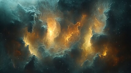 Obraz premium Celestial dreamscape of vibrant yellow light amidst dark, swirling clouds