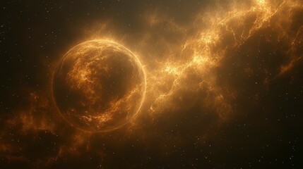 Obraz premium Celestial sphere glows within cloudy, starlit cosmic expanse, luminous and distant