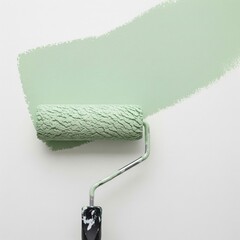 Obraz premium Green paint roller. A closeup view of a paint roller applying pale green paint to a white wall