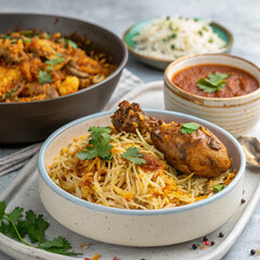 Fried rice with chicken on gray background