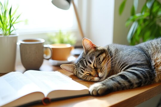 Sleeping tabby cat napping peacefully on desk next to open book