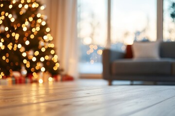 Blurred christmas tree lights with wood floor and soft background interior scene