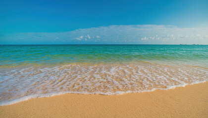 Fototapeta premium Sandy firefly beach under a vivid blue sky with gentle waves lapping at the shore during a sunny day