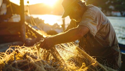 Old fisherman mending nets on boat at sunrise, warm light, tranquil scene