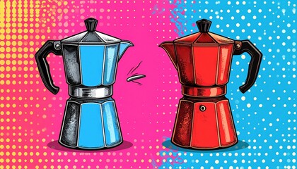 Two moka pots, one blue and one red, pop-art style, against dotted backgrounds