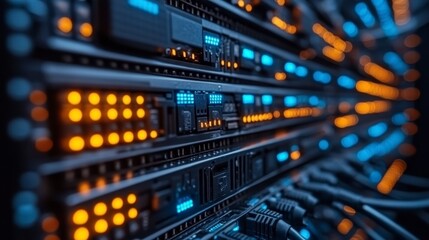 Naklejka premium Server racks illuminated with blue and orange lights showcase data processing and network connectivity