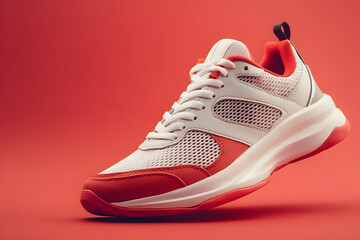 Casual walking and basketball shoes Reebok. on red background.