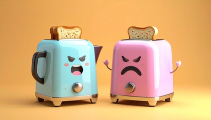 Animated, angry-faced toaster cartoon couple with toast, one teal, one pink, against orange background