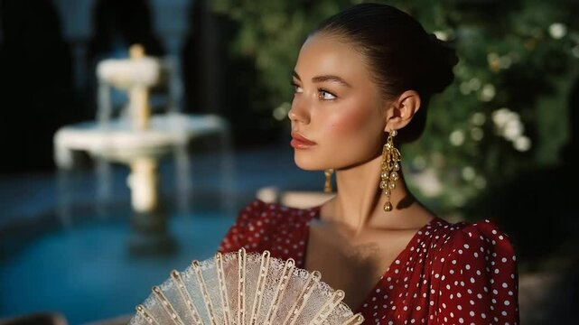 Flamenco dancer in Andalusian courtyard with lace fan