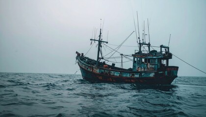 Distressed fishing boat adrift in a choppy sea, muted colors, overcast sky