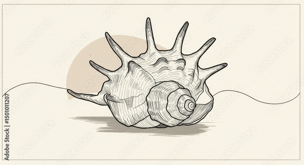 Poster seashell line drawing on beige background - elegant line art seashell illustration, symbolizing summ