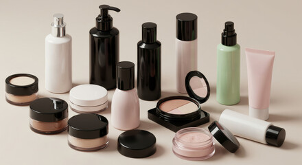 Skincare Product Collection for Glowing Skin - A beautiful arrangement of skincare products, including creams, lotions, and makeup