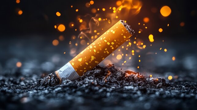 Lit cigarette sits atop charred remains with embers flying in dark, moody setting