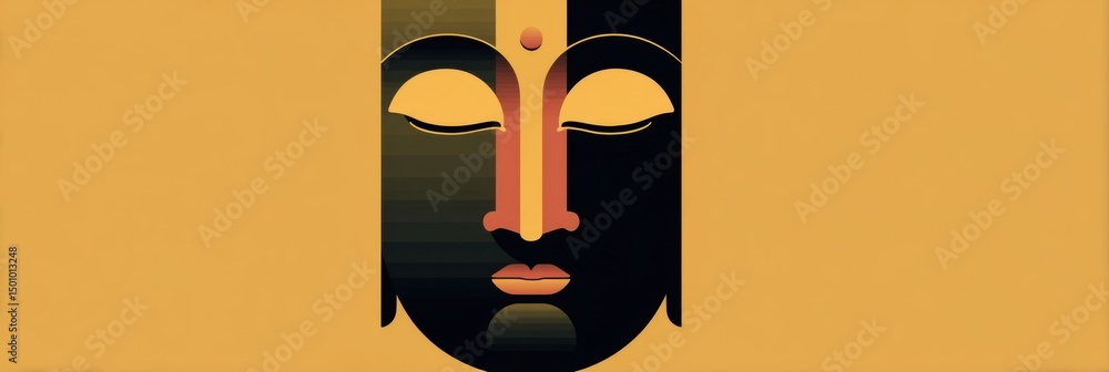 Poster buddha face in calming flat design with serene expression and gentle light margin