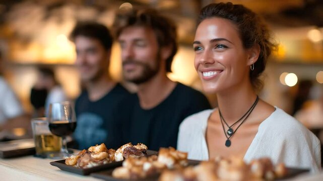 Friends enjoying pintxos and cider in a cozy bar