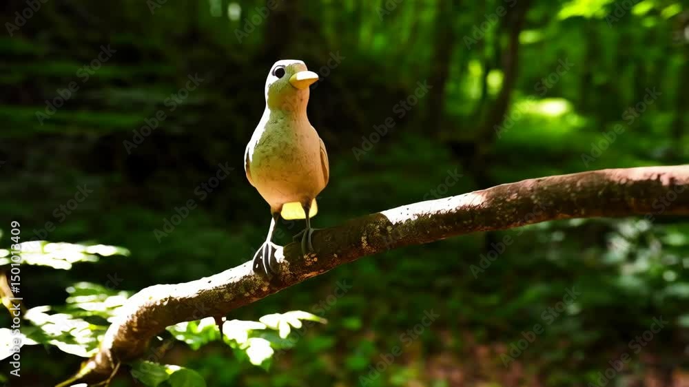 Poster small bird rests on a tree branch in bright sunshine filtering through the dense trees of a peaceful