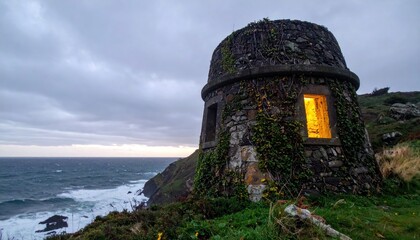 Stone tower on a cliff overlooking a stormy sea, interior light glows