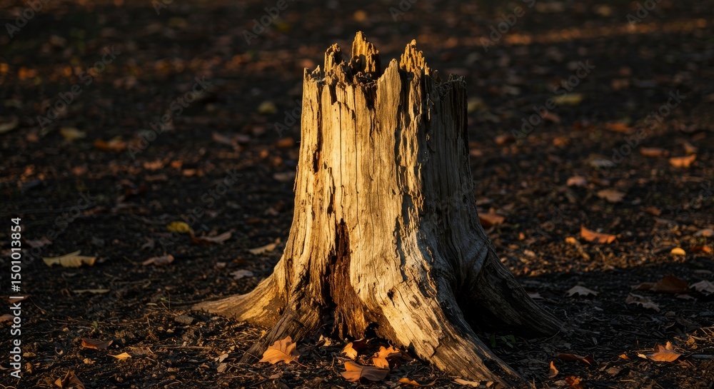 Poster weathered tree stump in autumn setting - a sunlit weathered tree stump stands amidst fallen autumn l
