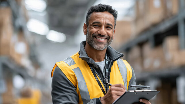 Indian warehouse supervisor in a reflective safety vest standing confidently in the middle of an organized warehouse, holding a clipboard and reviewing inventory