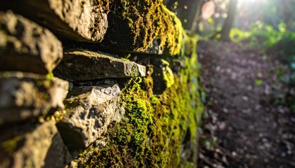 Mossy stone wall on forest path, sunlight filtering through trees, depth of field