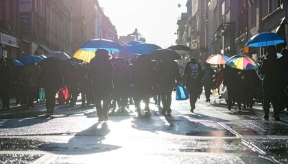 Wet street crowd with umbrellas facing sun on a bright day
