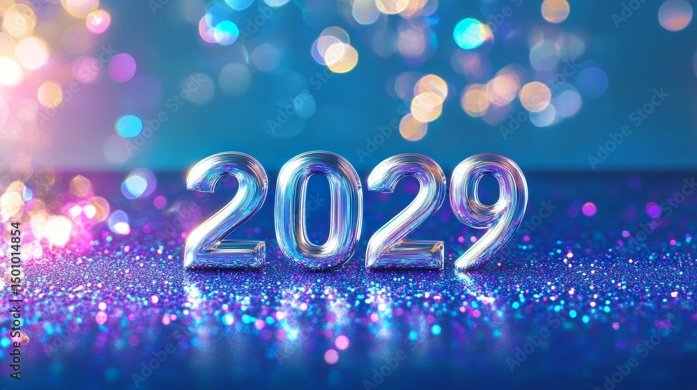 Poster silver 2029 new year numbers on sparkling turquoise background with festive bokeh lights