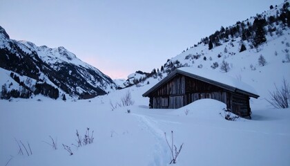 Snowy mountain valley with a rustic cabin under a pale sky