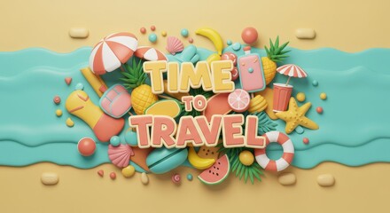 3D Illustration Time To Travel With Summer Elements Against Beach Background