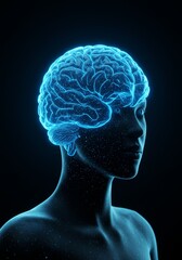 Fototapeta premium 3D Render of Blue Glowing Brain Silhouette on Human Body Profile in Dark Background