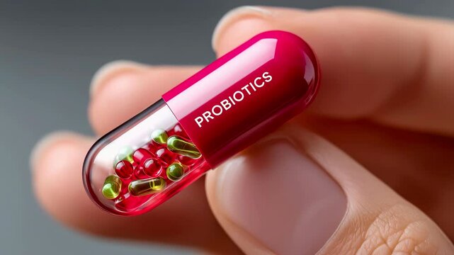 Close-Up of Probiotic Capsule in Hand. Video highlighting a vibrant red capsule filled with smaller supplements, held gently to emphasize gut health and wellness benefits.