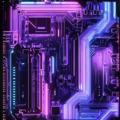 High-tech circuit board with vibrant neon lighting