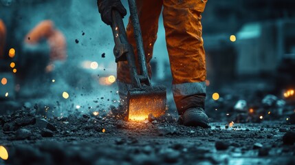 Worker heats asphalt road, night, sparks fly, construction site