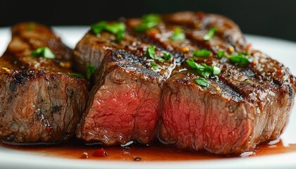 Three Slices of Juicy Grilled Steak Presented on a White Plate, Garnished with Fresh Parsley.