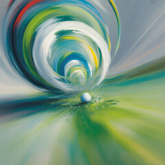 Abstract golf motion: vibrant swirls of green, blue, and yellow converge, radiating energy. Modern, textured, dynamic. 2:3 poster.