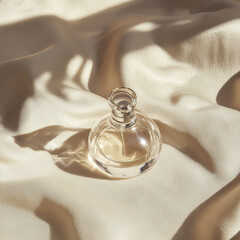 Elegant perfume bottle on soft fabric background, subtle grain, soft focus edges