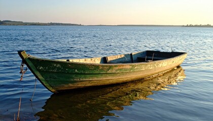 Naklejka premium Green rowboat floating on serene water reflecting golden light