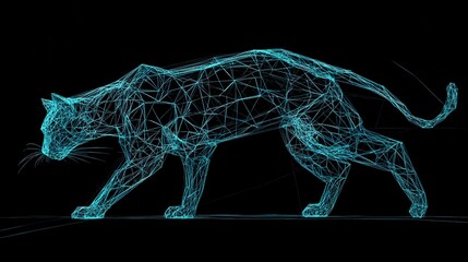 Fototapeta premium Abstract futuristic geometric animal silhouettes in wireframe style with glowing neon blue lines on dark black background. Cyber ​​​​wildlife concept of modern digital art, technology inspired design