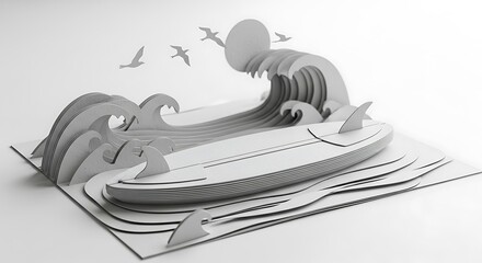 Surfboard waves ocean sea beach summer vacation travel surfing water sport sun birds papercraft art