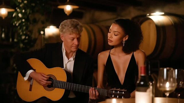 Musician duo performing in a cozy bodega with candlelight ambiance