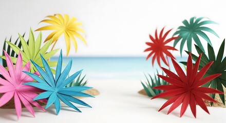 Colorful paper palm trees beach scene summer vacation tropical island paradise handmade craft background
