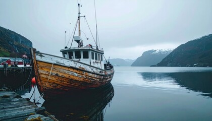 Fototapeta premium Weathered boat docked by fjord on overcast day, mountains in background