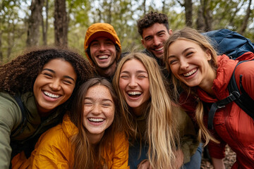 Group of friends laughing joyfully together in a forest during a sunny afternoon outing