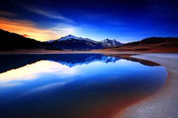 Fototapeta premium Beautiful lake reflecting clouds and mountains during sunset with soft hues and serene atmosphere