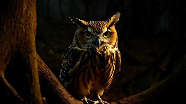Great horned owl perched on a bare tree branch in a dark forest looking directly at the viewer with intense eyes.