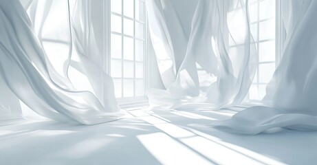 Soft white curtains dance in bright sunlit room